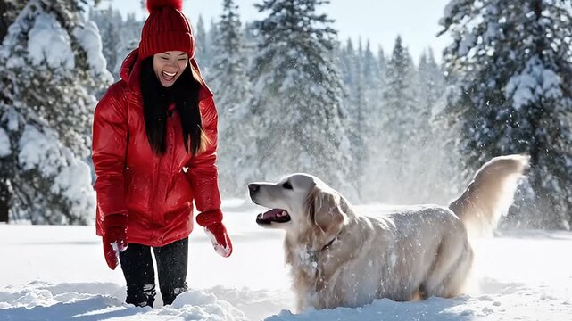 A joyful woman, warmly dressed in a bright red winter coat, knitted hat, and matching gloves, expresses pure happiness as she delights in playful interaction with her canine companion in a beautiful, 