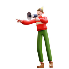 3d Illustration of Male Character Pointing Forward Using Megaphone