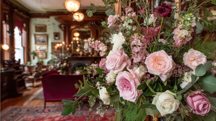 Elegant Floral Arrangement of Pink White and Red Roses with Lush Greenery in a Ornate Victorian Style Living Room with Antique Furniture and Warm Lighting