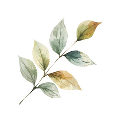 A serene branch with leaves in various shades of green and brown, painted in a watercolor style on a white background