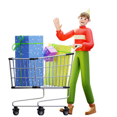 3d Illustration of Male Character Pushing Shopping Cart Full of Gifts