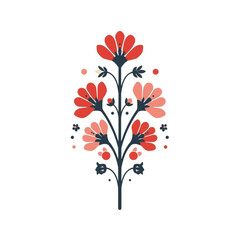 A stylized illustration of flowers in bloom with red and pink petals against a white background