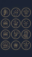 Elegant Golden New Year Celebration Outline Icons Set with Cute Characters and Festive Elements on Dark Background, Perfect for Parties and Events