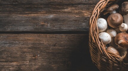 Rustic Wicker Basket Filled with Assorted Mushrooms on Dark Wooden Background Top Down View Natural Light Food Still Life Cooking Ingredients