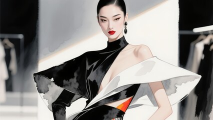 Sophisticated Digital Art Portrait of an Elegant Woman in Avant-Garde Fashion