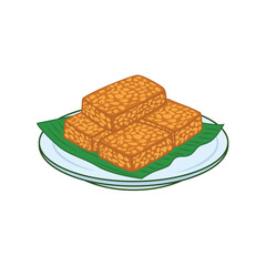 Flat vector illustration of traditional Indonesian tempeh served on a banana leaf and white plate.