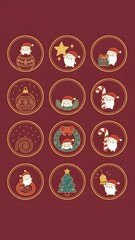 Elegant Golden Christmas Outline Icon Set with Cute Santa Characters and Traditional Holiday Symbols on Rich Red Background