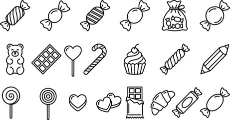 Candy sweets line icons set, dessert chocolate lollipop cupcake symbols collection, confectionery treats vector illustration pack design