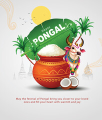 Tamil Nadu festival Happy Pongal with Pongal props, holiday Background, pongal celebration greeting card, abstract vector illustration design. © Arun