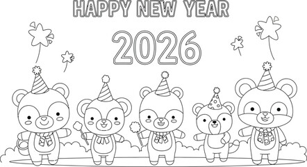 Fototapeta premium Happy new year 2026 coloring page with cute animals