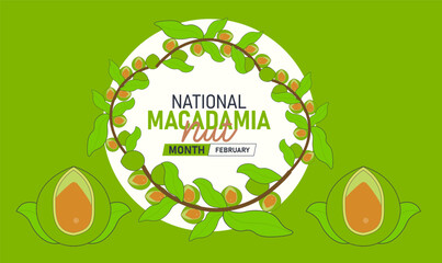 National Macadamia Nut Month Poster Banner and Background Design Template Featuring Macadamia Nuts, Shells, and Culinary Illustration for Healthy Snack Celebration, Nut Appreciation, and February Food