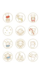 Adorable Christmas Bear Outline Icons Collection with Festive Outfits and Holiday Elements, Perfect for Winter Season Designs