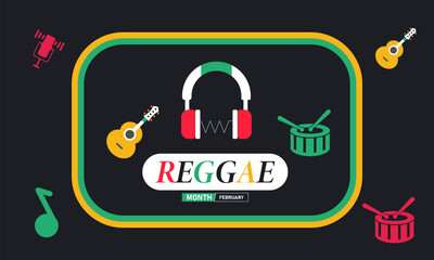 Fototapeta premium Reggae Month Poster Banner and Background Design Template Featuring Musical Notes, Guitar, and Caribbean Theme Illustration for Music Celebration, Cultural Festival, and February Entertainment Theme