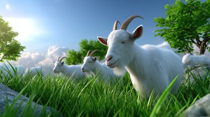 Obraz premium Three goats grazing in a green meadow under blue sky