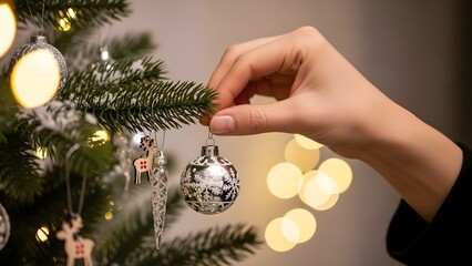 Hand decorating Christmas tree with bauble ornament.