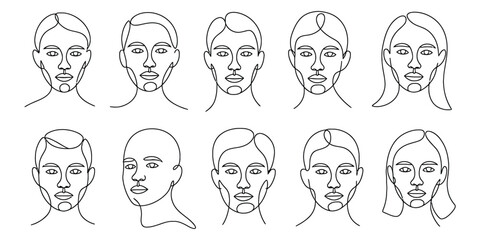 Set of ten different human face shapes outline drawing