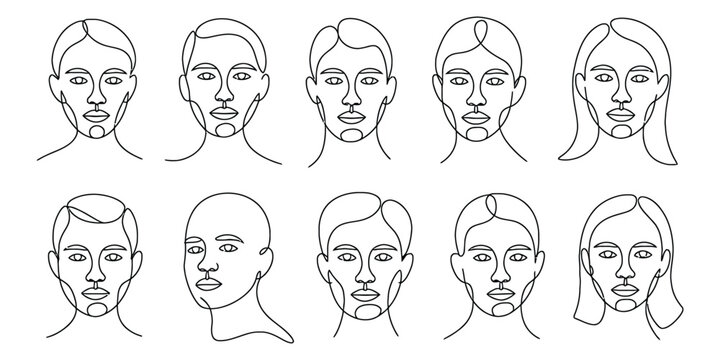 Set of ten different human face shapes outline drawing