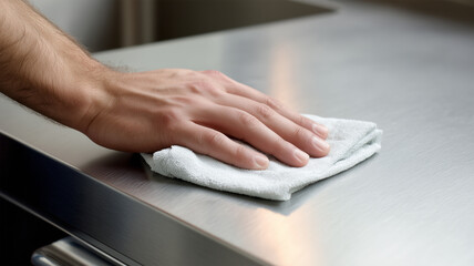 男性がステンレス台を布で拭く様子