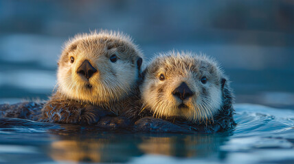 ラッコの子どもが水面に寄り添う姿