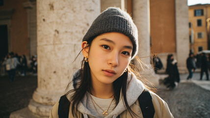 日本出身の女子学生が街角で見つめる