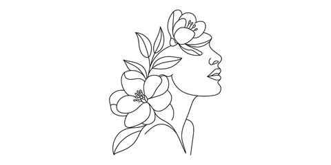 Minimalist line art woman profile with flowers