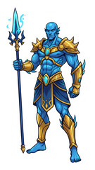 Obraz premium A powerful blue-skinned warrior, an aquatic humanoid figure, stands tall in golden armor, holding a glowing blue trident-like spear, ready for battle.