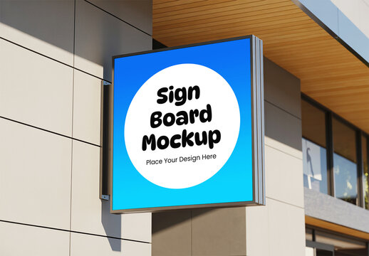 Square Outdoor Signboard Mockup on Modern Building
