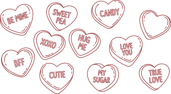 Hand drawn black and white conversation hearts sketch