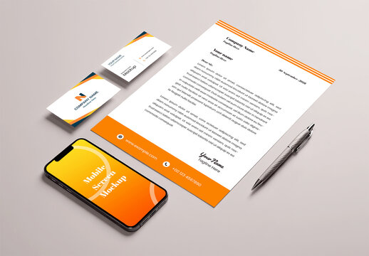 Stationery and Mobile Mockup Set with Orange Accents