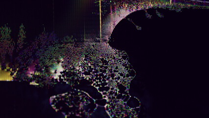 Futuristic noise. Distorted signal. Blue orange yellow color artifacts wave liquid pixel screen drip on dark black bokeh background.