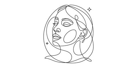 Minimalist one line drawing of woman face with moon and stars