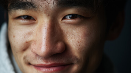 Obraz premium 日本出身の男性が口元でさりげなく柔らかく微笑む