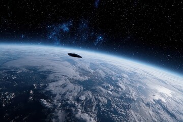 Orbital Silhouette of Spacecraft Above Earth With City Lights and Starry Sky Backdrop