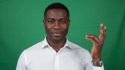 Professional man in white shirt demonstrating sign language gesture in front of green screen