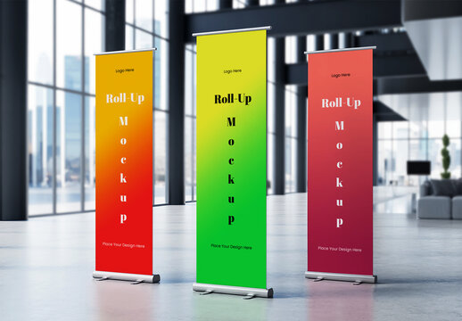 Three Roll Up Banner Mockups with Gradient Colors