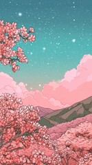 Pink Cherry Blossom Trees Under a Starry Turquoise Sky Digital Pixel Art Landscape with Rolling Hills and Soft Clouds Illustration