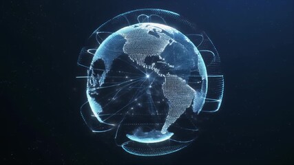 Futuristic digital blue earth globe animation constructed from light particles and network connection lines. - Powered by Adobe