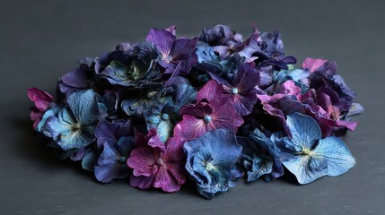 Pile of Sparkly Purple and Blue Flowers on Gray Background Studio Shot with Subtle Shadows Decorative Blossoms for Crafts and Decorations