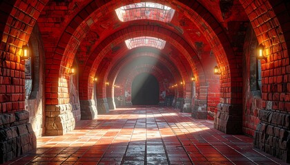 Obraz premium Long corridor constructed with brick arches. Soft light streams from above. The floor and walls are constructed of red bricks, illuminated by lanterns