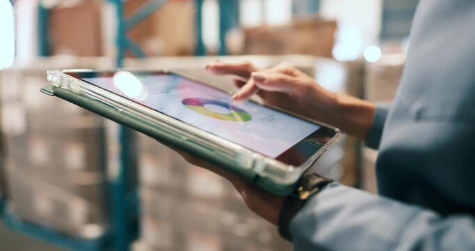Logistics, tablet and hands of woman with graphs in warehouse for stock, backlog control or delivery. Tech, supplier and walk in factory for inventory export, storage management or supply chain