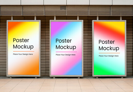 Three Vertical Poster Mockups with Gradient Backgrounds