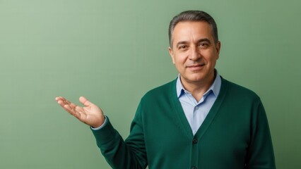 Professional middle-aged man gesturing with open hand in a confident manner against a minimalist