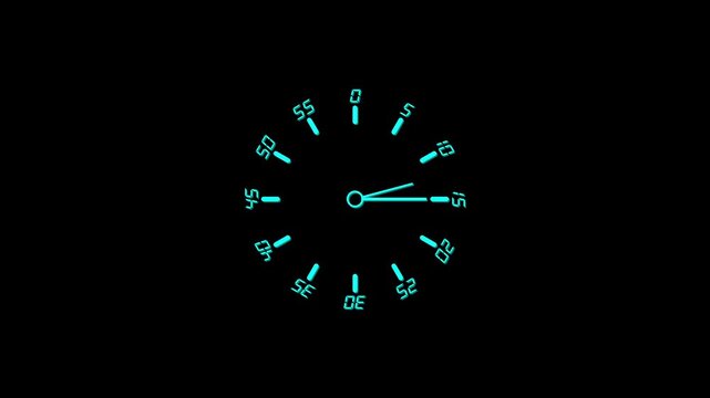 Futuristic digital clock animation with glowing cyan numbers and minimalist analog hands on black background, modern time interface for technology and UI visuals
