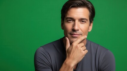 Thoughtful man with contemplative expression posing against a vibrant green background