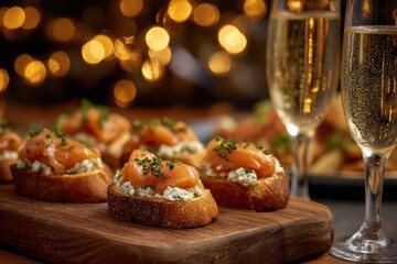 Salmon Crostini Bites with Champagne Glasses on Wooden Board in Warm Light for Festive Holiday Celebration