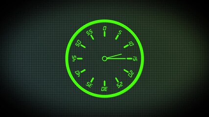 Futuristic green HUD analog clock animation with numeric time markers on grid background, digital time interface for dashboard, monitoring, and technology UI - Powered by Adobe