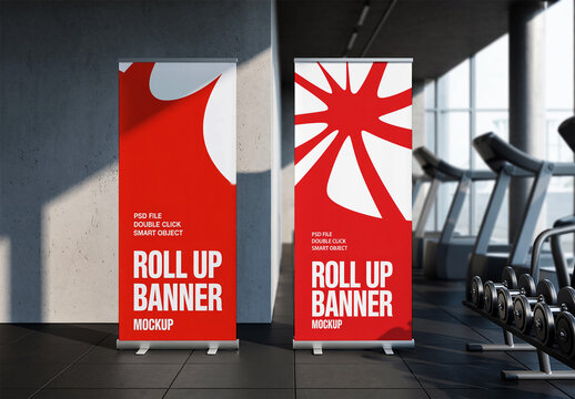 Two Roll Up Banner Mockups in Modern Gym