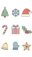 Festive Collection of Flat Outline Christmas Icons and Holiday Symbols, Including Decorated Tree, Snowflake, Santa Hat, Present, and Mitten