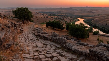 Scenic River View from Rocky Hilltop at Sunset with Yellow Grass and Distant Cityscape under an Orange Sky
