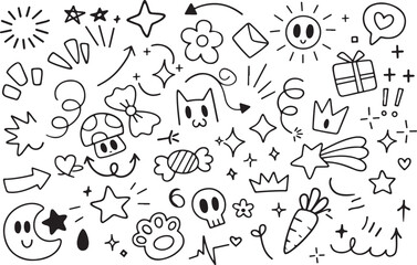 Doodle cute line elements, Black hand drawn vector elements, Simple sketch line style emphasis, attention, arrow, heart, love, star, leaf, sun, flower, crown, swirl line art black and white vector art